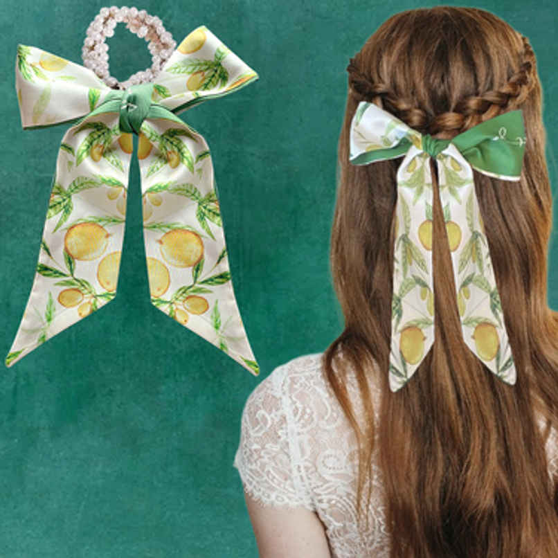 Majestique Printed Satin Scarf Hair Scrunchie | Pearl Rubber Band Ponytail Holder | Green Majestique Printed Satin Scarf Hair Scrunchie | Pearl Rubber Band Ponytail Holder | Green