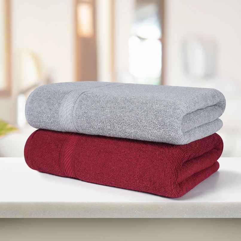 Furnofy 450 Gsm Cotton Bath Towel (70x140 Cms), Highly Absorbent And Soft Pack Of 2 - Maroon, Grey