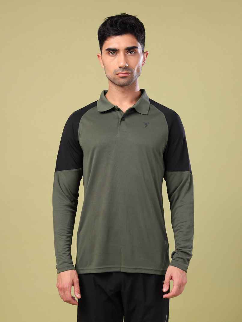 Technosport Men's Poly Colorblock Slim Fit Polo Full Sleeve Sports T-shirt | Beetle - XL
