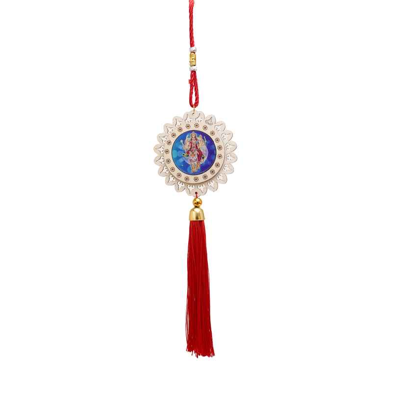 Divine Vibes Durga Ji Round Wooden Car Hanging Decorative