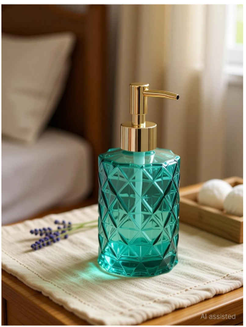 Soham Housewares Green Clear Diamond Glass Soap Dispenser Bottle | 350 ml