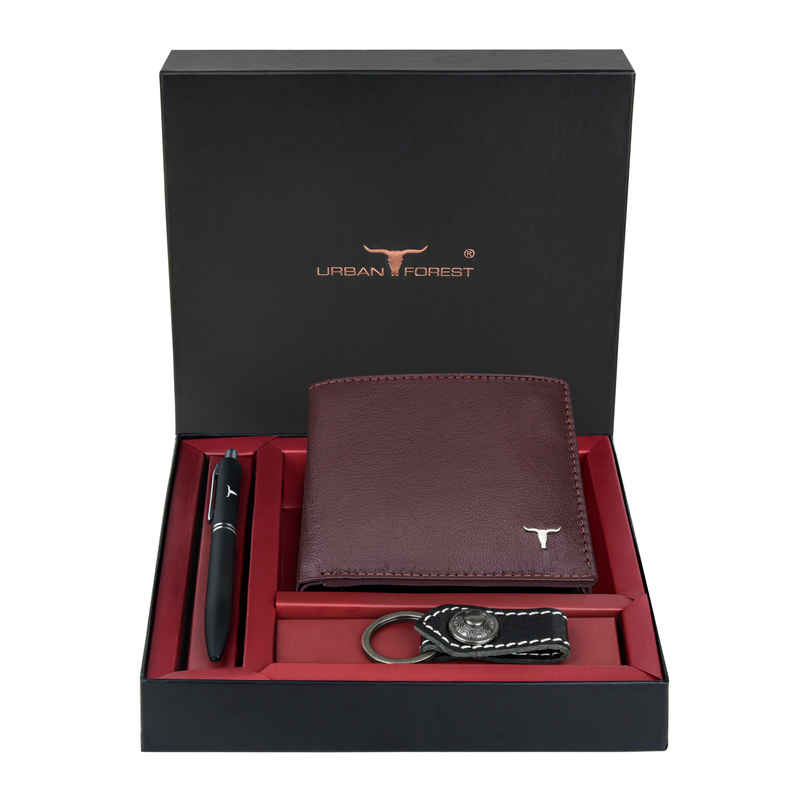 URBAN FOREST Men's Gary Aniline Leather Wallet, Pen & Keychain Combo Gift | Brown