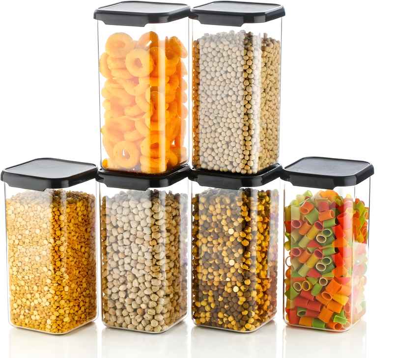 YouBee 1100 ml Multipurpose Plastic Storage Jar and Kitchen Storage Container | Set of 6 | Black