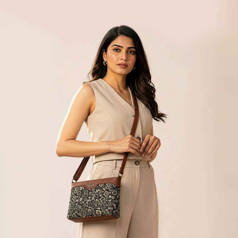 Zouk Women's Floral Vegan Leather and Handcrafted Fabric 3.69 L Sling Bag | Black | One Size