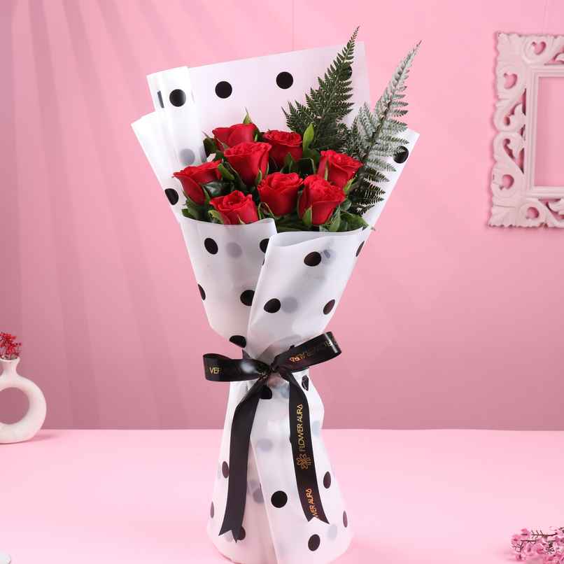 FlowerAura 8 Red Roses Bouquet in Polka Dot Wrap FlowerAura 8 Red Roses Bouquet in Polka Dot Wrap