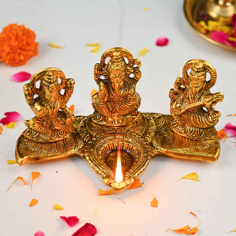 HINDCRAFT Laxmi Ganesh Saraswati Brass Diya | Diwali Decor & Pooja Gift for Home