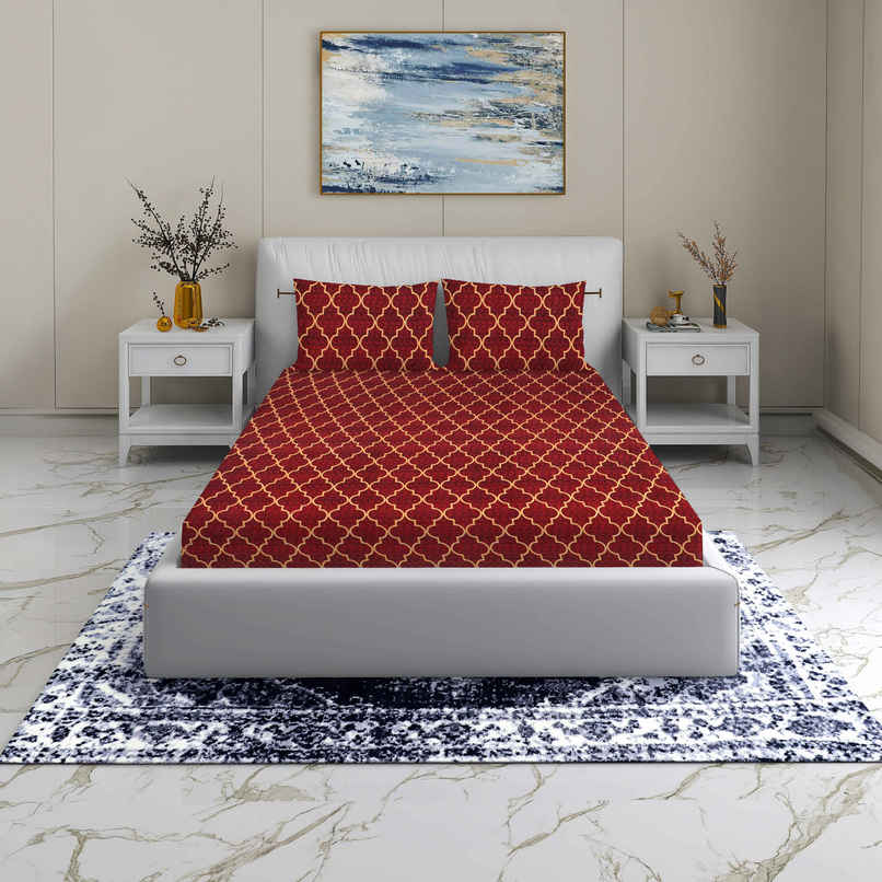 Homeharmony Double Ethnic Bedsheet with 2 Pillow Covers | Red & Yellow Pattern | 87 x 98 in