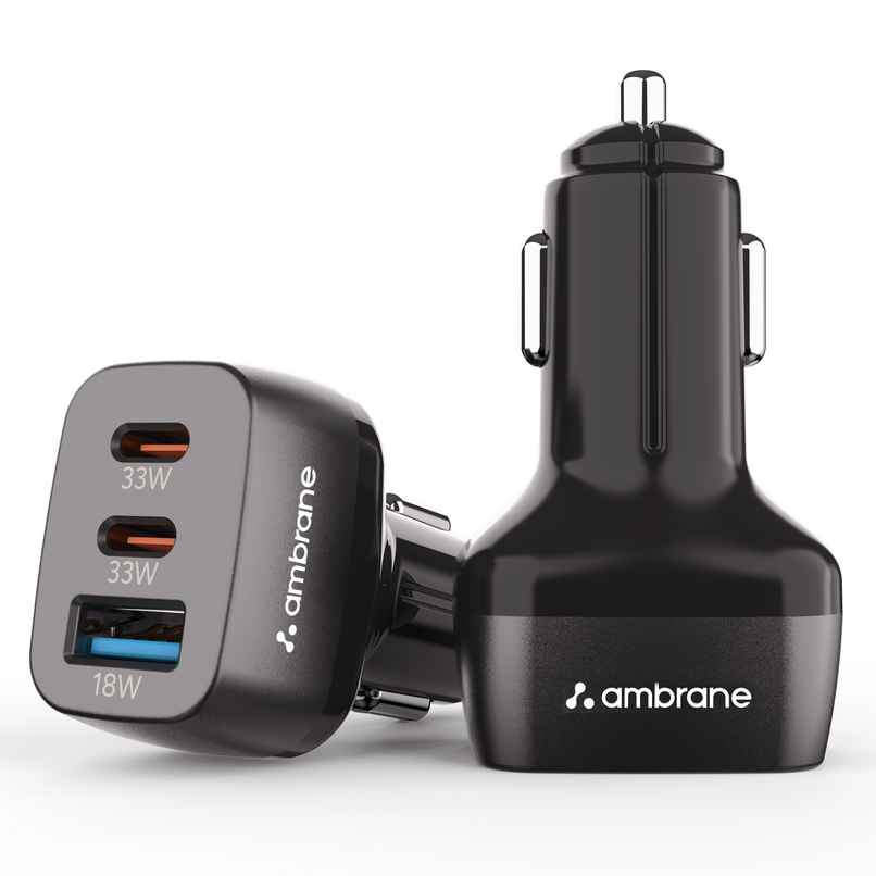 Ambrane 84W Triple Port Car Charger | 2 Type C 1 USB | 33W PD | Black Ambrane 84W Triple Port Car Charger | 2 Type C 1 USB | 33W PD | Black