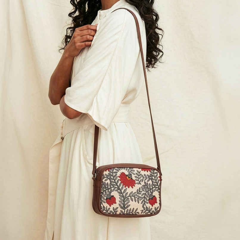 Zouk Women's Floral Vegan Leather and Handcrafted Fabric 2.4 L Sling Bag | Beige and Red | One Size