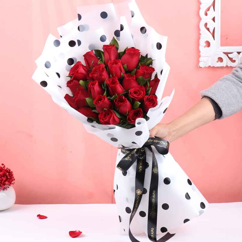 FlowerAura 20 Red Roses in Polka Wrap (In a Box)