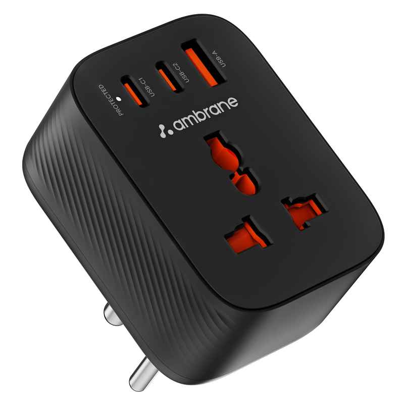 Ambrane X33 33W Fast Charger, 4-in-1 | USB, 2 Type-C | AC Socket | 2500W Boost | Black
