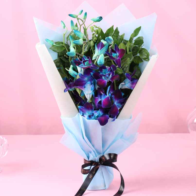 FlowerAura 3 Blue Orchids Bouquet in Blue Non-Woven Paper | Gifting