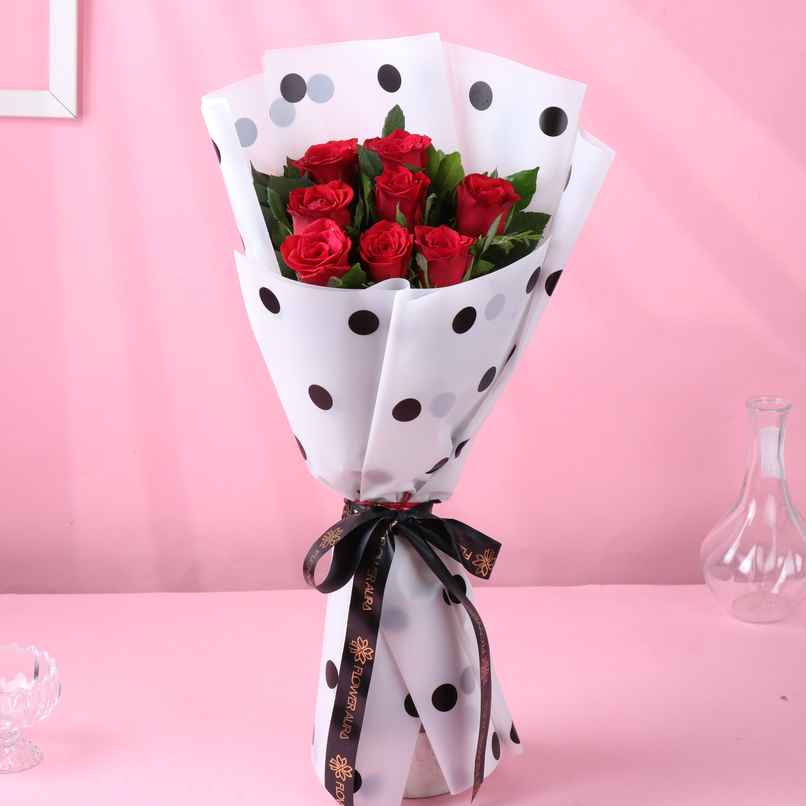 FlowerAura 8 Red Roses Bouquet in Polka Dot Wrap