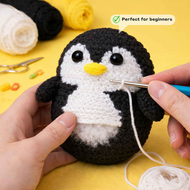 Crochet Penguin Kit | Complete Craft Set with Yarn, Hook and Pattern for Handmade Penguin|Oye Happy