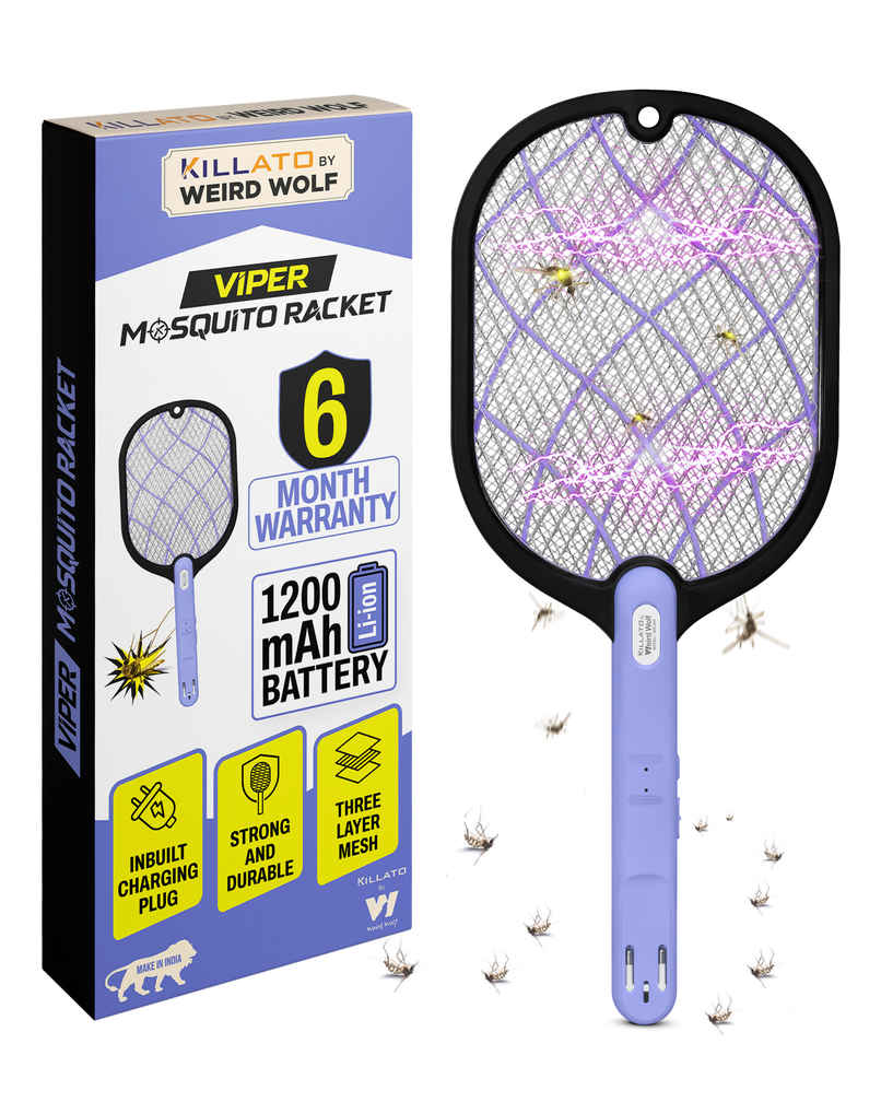 Killato Weird Wolf Mosquito Racket with Built-in Charging Plug | 1200 mAh Lithium Battery | Purple Killato Weird Wolf Mosquito Racket with Built-in Charging Plug | 1200 mAh Lithium Battery | Purple