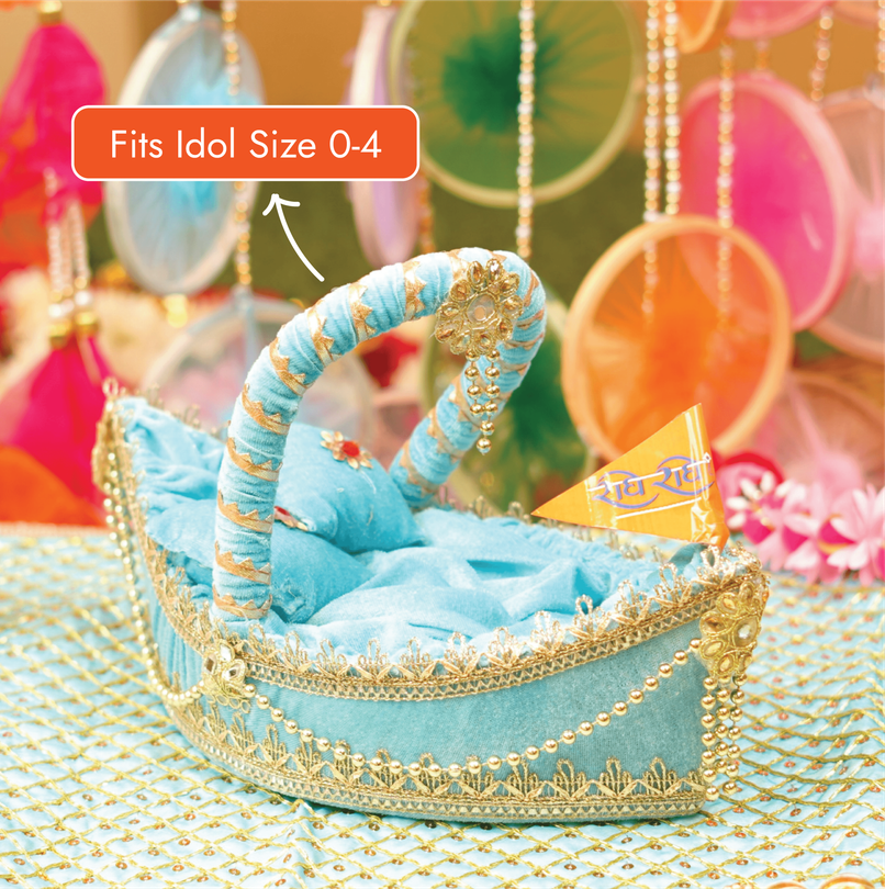 Laddu Gopal Premium Sky Blue Boat Bed | 13 x 7 x 4 | Fits Idol 0-4 | Krishna Janmastami | ServDharm
