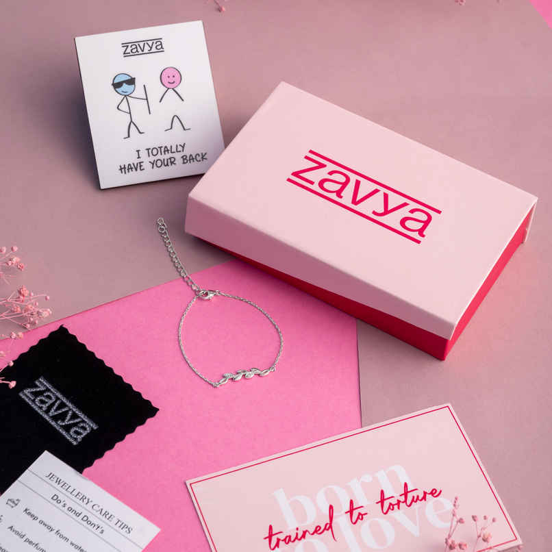 Zavya Leaf CZ Rhodium Plated 925 Sterling Silver Chain Bracelet Gift Hamper