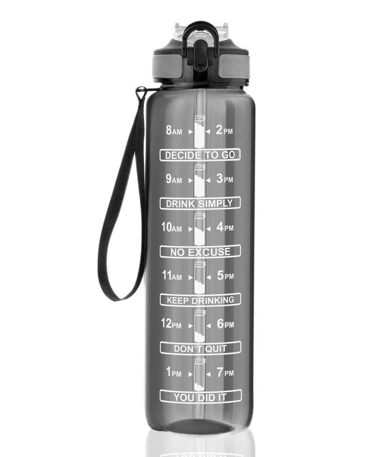 2Mech Plastic Water Bottle with Time Marker and Straw | Black | 1 L