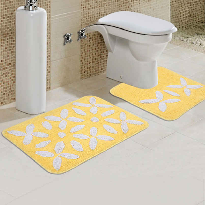 Saral Home Cotton Anti-Slip Bathmat & Contour Set | Yellow - 40 x 60 & 40 x 45 cm