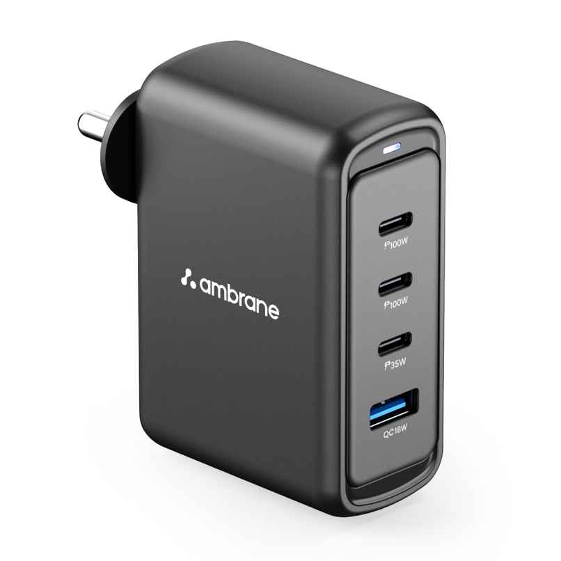 Ambrane 100W Gan Charger for MacBooks & Type C Laptop Charging with 4 Ports - 1 USB & 3 Type C Ambrane 100W Gan Charger for MacBooks & Type C Laptop Charging with 4 Ports - 1 USB & 3 Type C