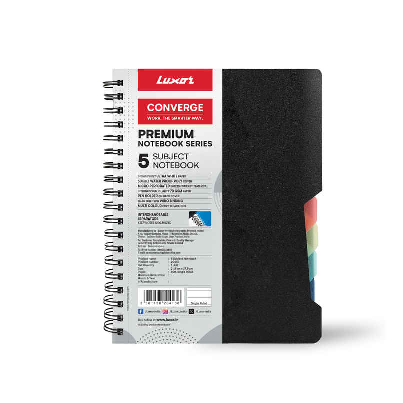 Luxor 5 Subject Notebook | A4, Single Ruled | 70 GSM | Pages - 300