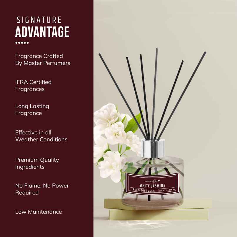 Aromahpure Premium Reed Diffuser - Jasmine, With 6 Fiber Reed Sticks