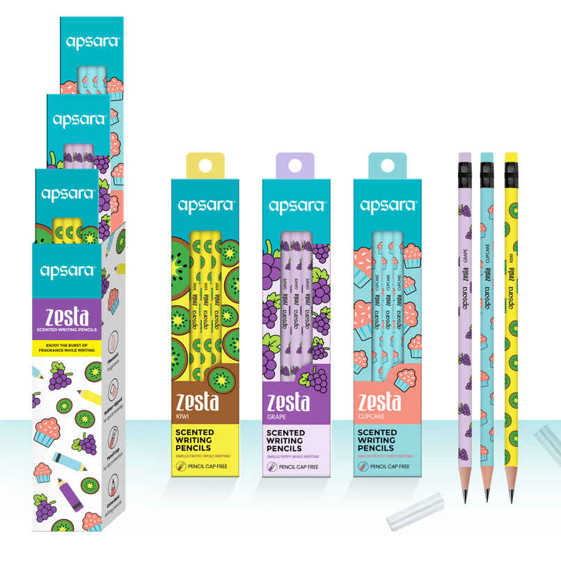 Apsara Zesta Scented Writing Pencils | Kiwi, Cupcake & Grape Scented Pencils | Rubber-tipped | Extra Dark