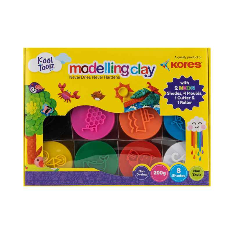 Kores Modelling Clay | 8 Shades | 4 Moulds | 1 Roller | 1 Cutter | Creative Fun