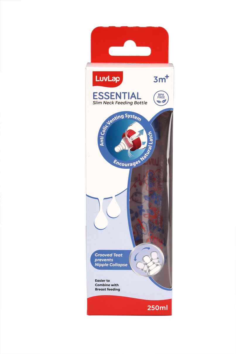 LuvLap Baby Essential Slim Neck Feeding Bottle, with Anti Colic Nipple, upto 3 Years, BPA Free