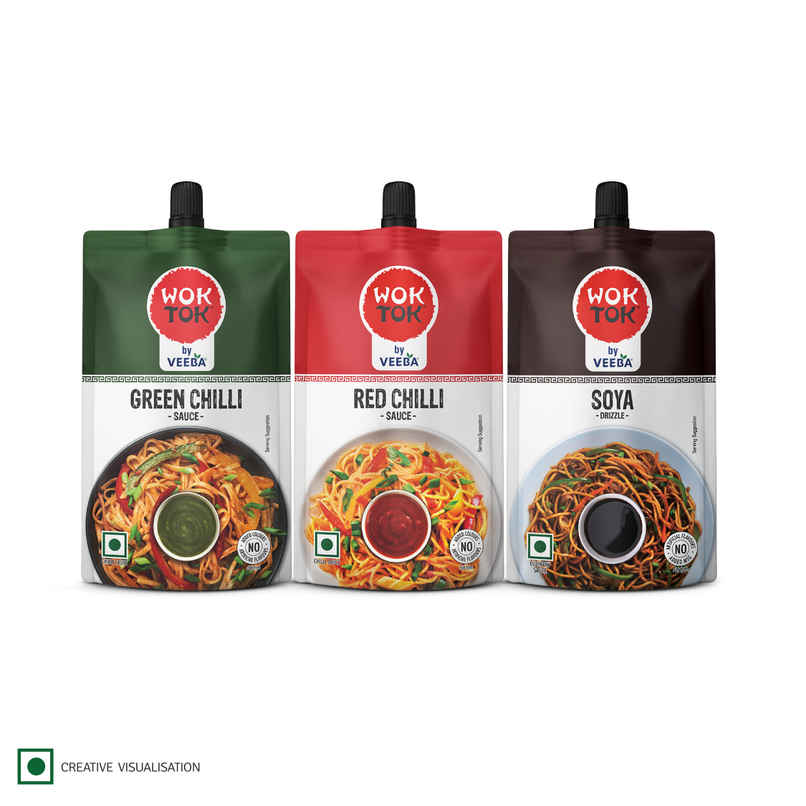 Wok Tok By Veeba Green Chilli Sauce + Red Chilli Sauce + Soya Sauce Pouch Combo