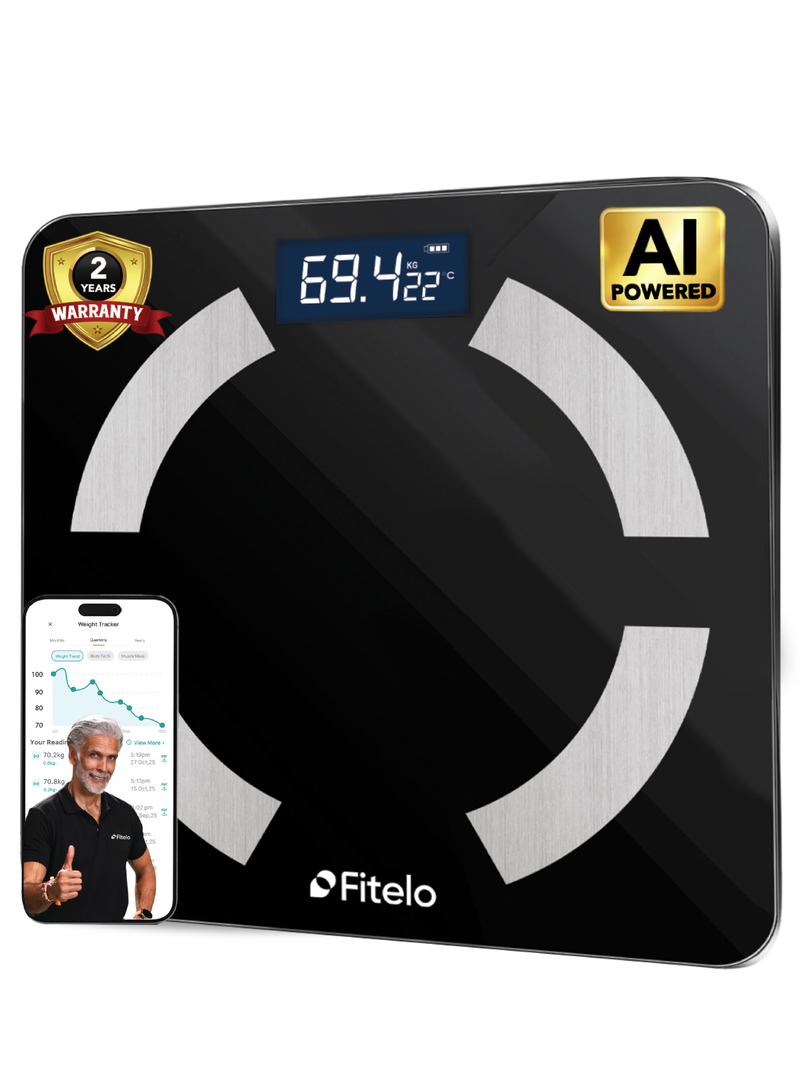 Fitelo Smart BMI Weighing Scale | Tracks 25+ Body Parameters & Body Fat | Free App Sync & Health Report Card Fitelo Smart BMI Weighing Scale | Tracks 25+ Body Parameters & Body Fat | Free App Sync & Health Report Card