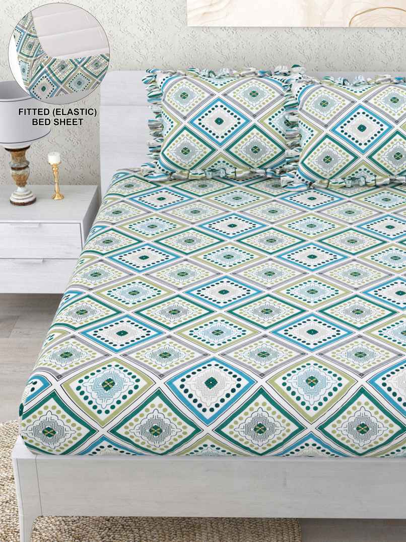 DREAM WEAVERZ Elastic Fitted Double Bedsheet | 2 Frill Pillow Covers | Polycotton | Green DREAM WEAVERZ Elastic Fitted Double Bedsheet | 2 Frill Pillow Covers | Polycotton | Green