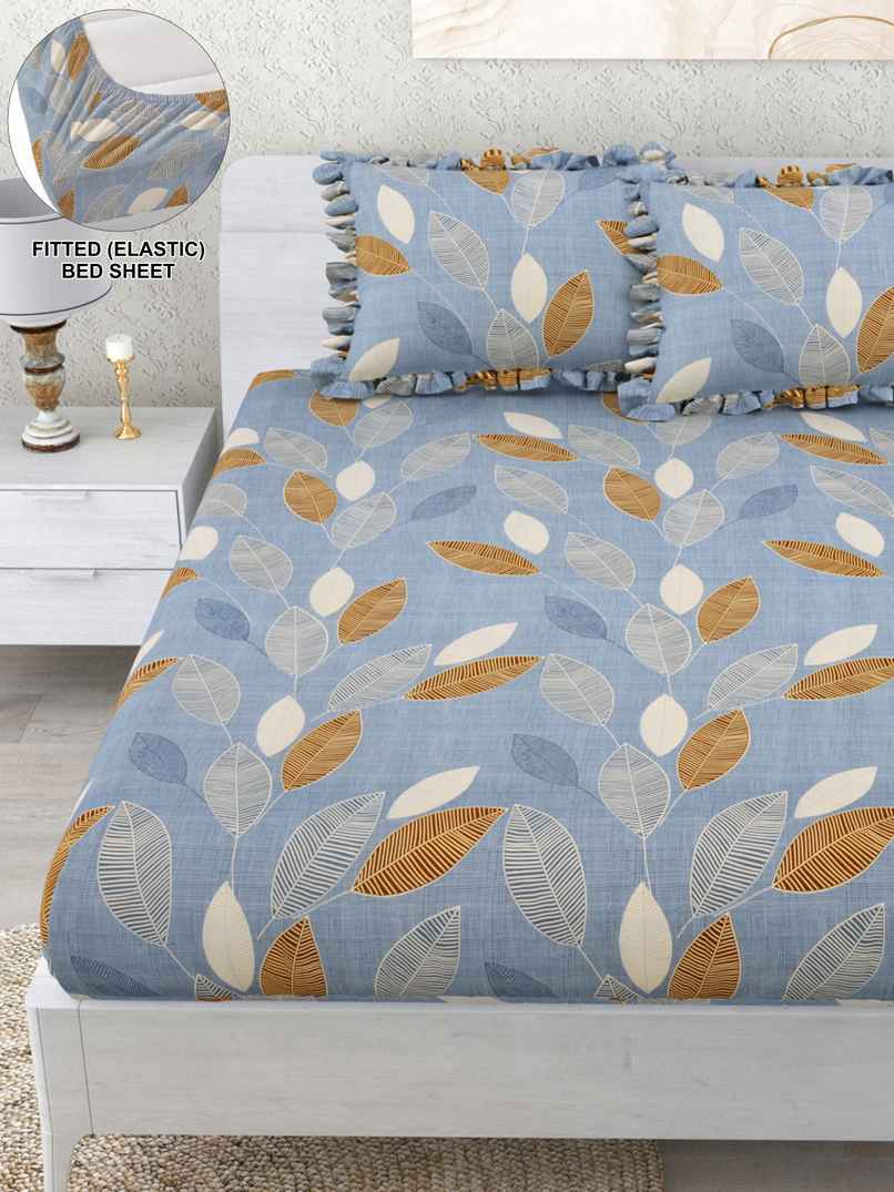 DREAM WEAVERZ Elastic Fitted Double Bedsheet | 2 Frill Pillow Covers | Polycotton | Rock Blue