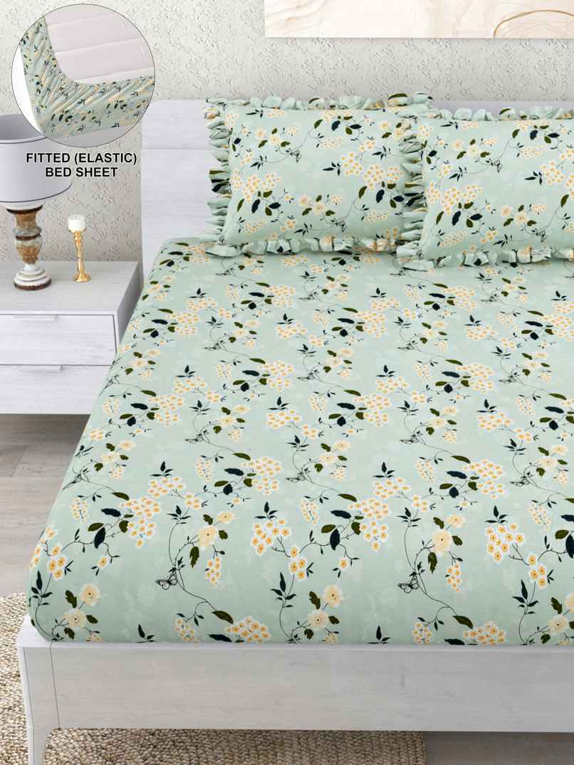 DREAM WEAVERZ Elastic Fitted Double Bedsheet | 2 Frill Pillow Covers | Polycotton | Light Green DREAM WEAVERZ Elastic Fitted Double Bedsheet | 2 Frill Pillow Covers | Polycotton | Light Green