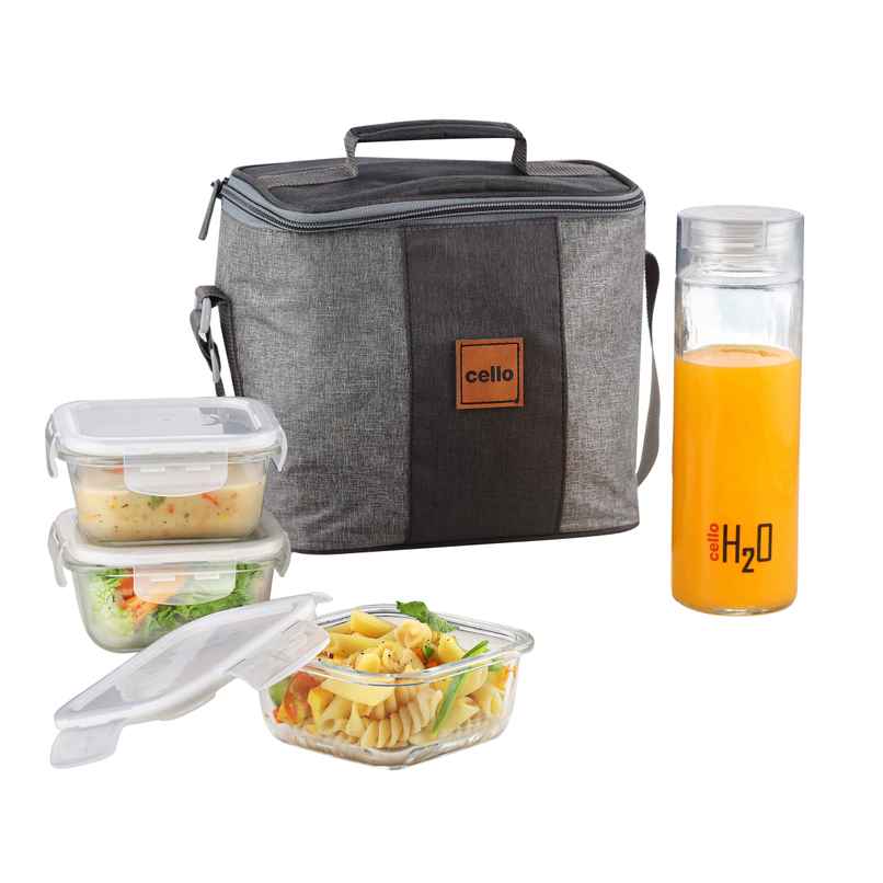 Cello Glassy Square Bottle Lunch Box | Borosilicate Glass | 3 x 320ml and 500 ml | Clear Cello Glassy Square Bottle Lunch Box | Borosilicate Glass | 3 x 320ml and 500 ml | Clear