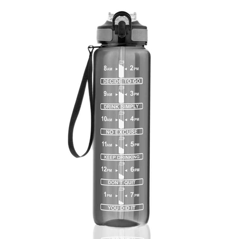 2Mech Plastic Water Bottle with Time Marker and Straw | Black | 1 L