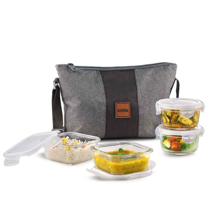Cello Glassy Mix Lunch Box | Microwavable Borosilicate Glass | 2 x 320 ml and 2 x 240 ml