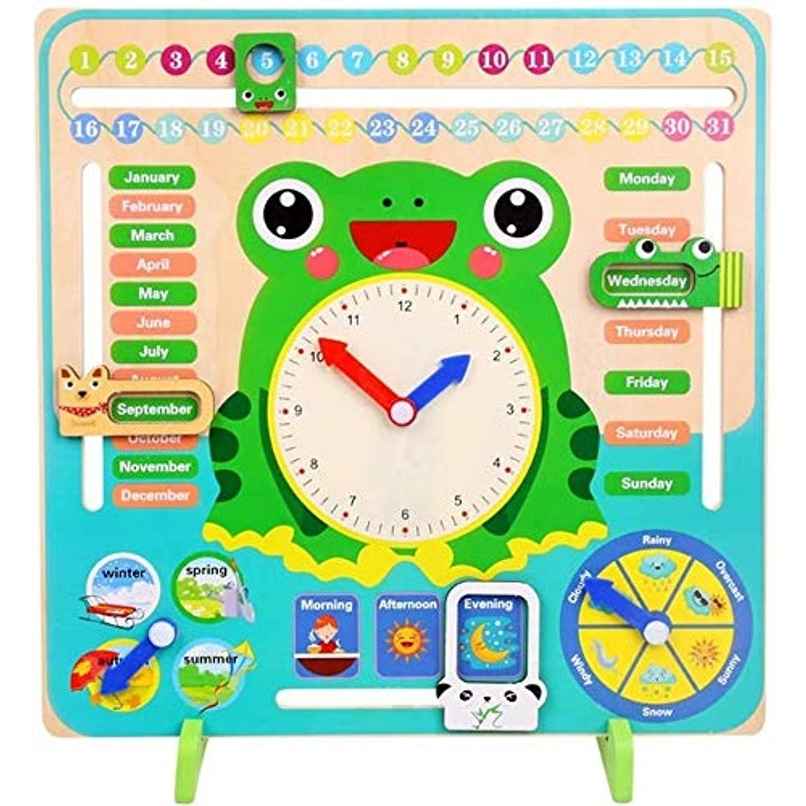 Toyshine Time & Seasons Wooden Clock Board - Educational Game for Kids | Frog Green Toyshine Time & Seasons Wooden Clock Board - Educational Game for Kids | Frog Green