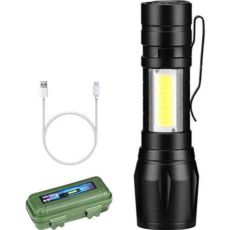 Desidiya LED Flashlight with COB Light Mini Torch Waterproof Portable LED Flashlight USB Rechargeable 3 Modes Light Flashlight - Black