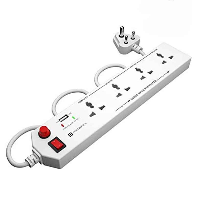 Portronics Power Plate 4 | 4 Power Sockets & 1USB Port Power Converter | 1.5 m | 1500W - White