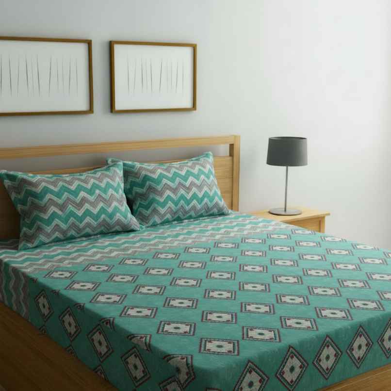 Status Cotton Feel Double Geometric Bedsheet | Green | 91 x 83 in
