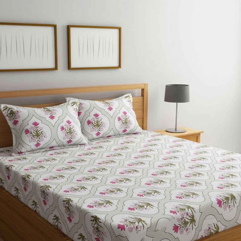 Status Value Double Floral Jaipur Bedsheet | White
