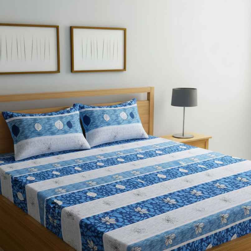 Status Cotton Feel Double Floral Bedsheet | Blue | 91 x 83 in