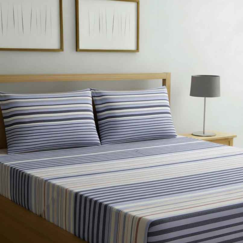 Status Value Double Multi Stripe Cotton Bedsheet | Blue and Orange