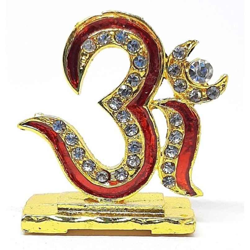 TiyuTrendzz Stone Studded Om for Car Dashboard | Pooja | Home | Office - Golden