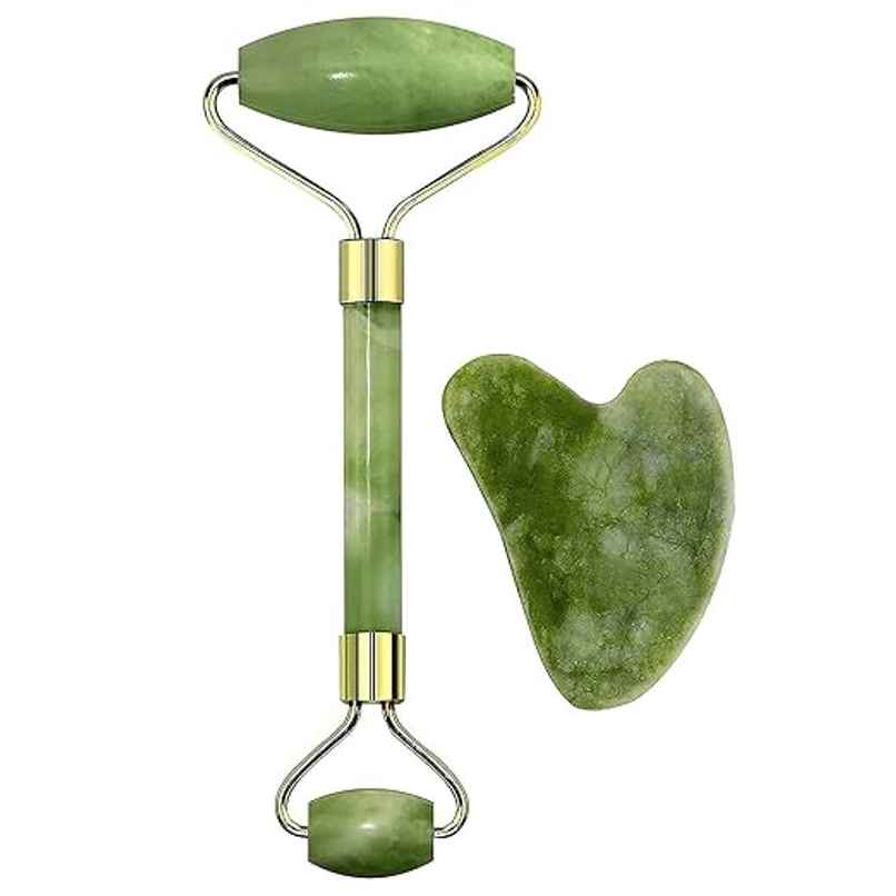 Bronson Professional Jade Roller & Gua Sha Face Neck Dual Head Massage Kit | Reduces Puffiness