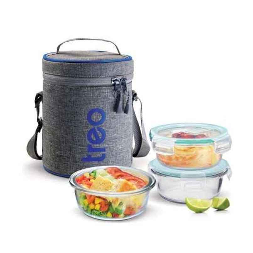 Treo By Milton All Fresh Borosilicate Glass Tiffin, 400 ml, Set Of 3, Transparent (Round)