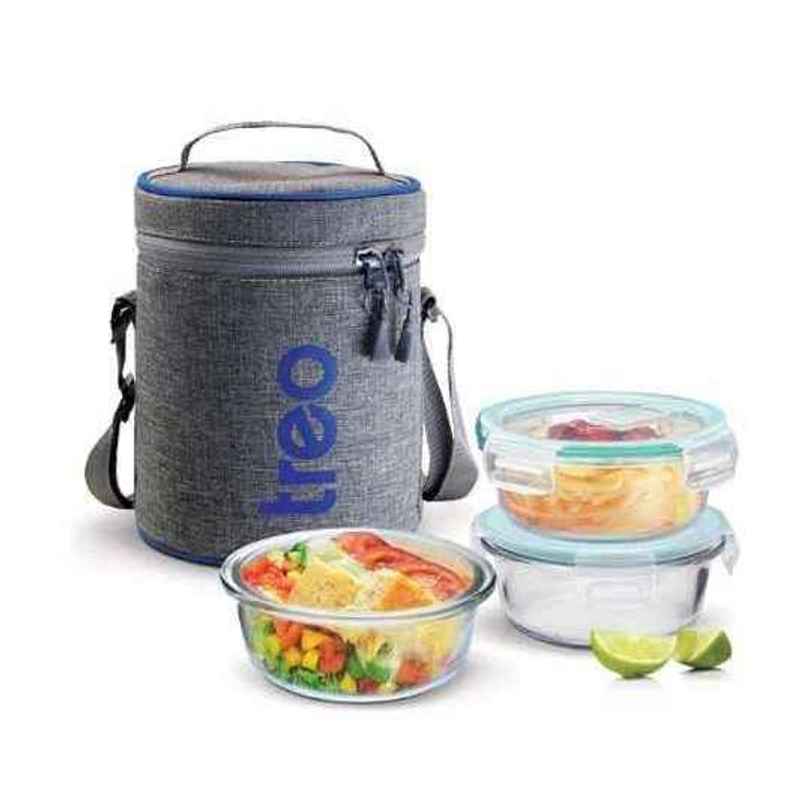 Treo By Milton All Fresh Borosilicate Glass Tiffin, 400 ml, Set Of 3, Transparent (Round) Treo By Milton All Fresh Borosilicate Glass Tiffin, 400 ml, Set Of 3, Transparent (Round)