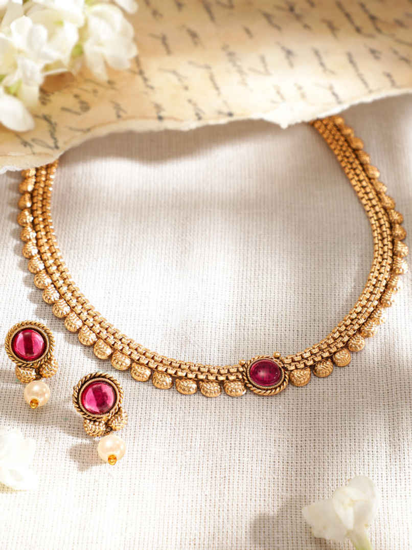 Rubans Gold Plated Ruby Pearl Drop Handcrafted Jewellery Set | RE16NS276469