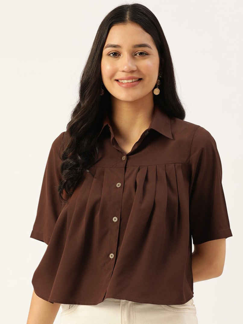 Slenor Women Shirt Collar Short Sleeves Crop Shirt | Brown | L Slenor Women Shirt Collar Short Sleeves Crop Shirt | Brown | L
